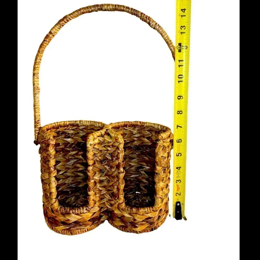 Vintage Double Wine Bottle Woven Wicker Tote with Rotating Handle 14x8